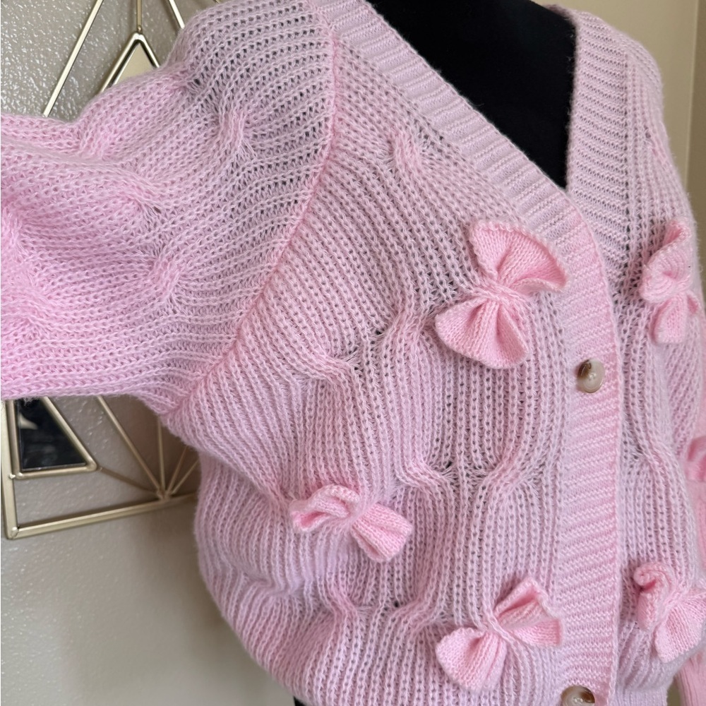 Pink Bow Knit Cardigan Sweater Coquette Cottagecore Oversized XL - Picture 3 of 7